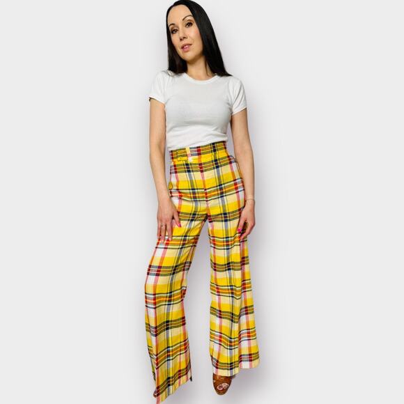 70s Yellow Plaid Bell‎ Bottoms - Picture 3 of 11